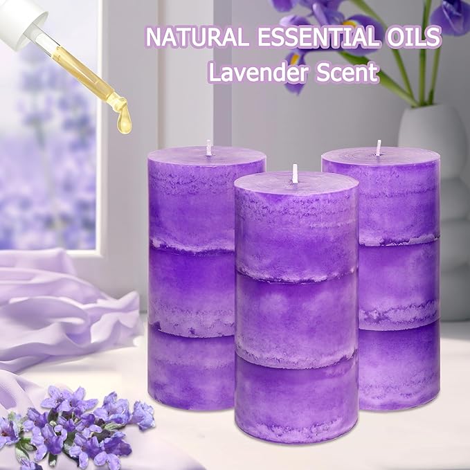 3" x 6" Handmade Pillar Candles Lavender Scented Purple Decorative Candles Long-Lasting Burn Air Clean Lavender Candles for Home Fragrance Rustic Room Centerpieces Wedding Decor,Set of 3