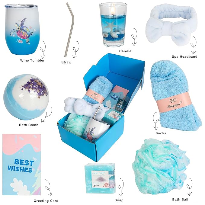 Ocean Gifts Self Care Package for Women, Ocean Spa Gifts for Sea Turtle Lovers, Coastal Beach Theme Relaxing Spa Bath Basket for Her Sister Friends Mom Thinking of You Birthday Christmas