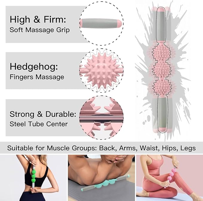 Fascia Muscle Roller, Cellulite Massager for Sore Muscles, Neck, Leg, Back - Pressure Trigger Point Body Deep Tissue Massage Stick Tools With 3 Massage Balls | Pink