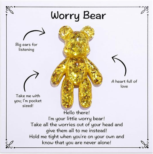 Worry Bear, Pocket Bear Hug, Anxiety Gifts for Men Women, Anxiety Relief Gifts, Mental Health Positivity Gift for Anxious Friend, Back to School Reminder of Comfort, Gold