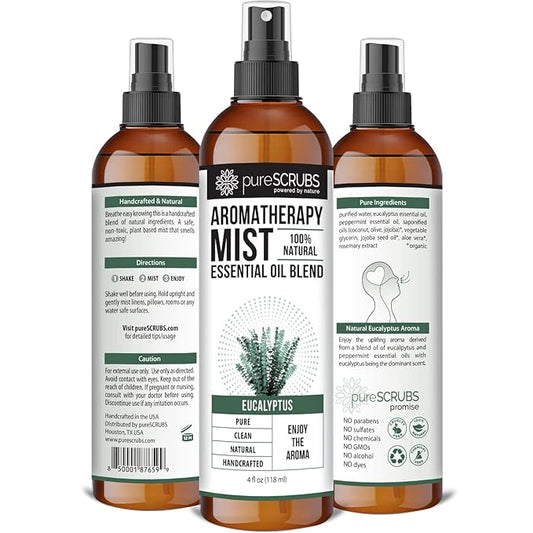 SHAKE, MIST & ENJOY - pureSCRUBS Premium Eucalyptus Aromatherapy Spray Mist for Room, Body, Linens, 100% Natural Essential Oils Plant Based Formula - One 4oz Bottle