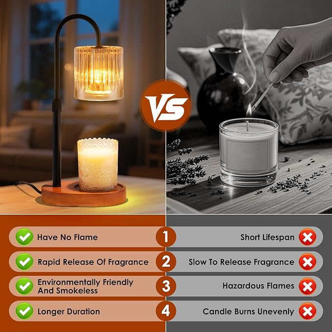 Candle Warmer Lamp with Timer: Modern Style Adjustable Height Candle Warmer Lamp Home Decor Safe Flame Free for Wax Blocks and Jar Candles Amber