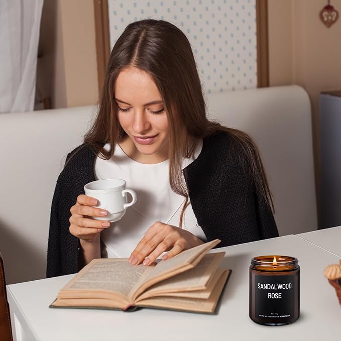 Sandalwood & Rose Scented Candles for Home Scented Aromatherapy Candles, Hand-Poured, 9 OZ, 50H Clean Burn,Soy Wax Candle Gift Set for Women Men