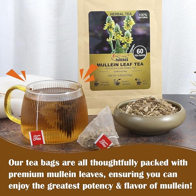 FullChea - Mullein Leaf Tea Bags, 60 Teabags, 2g/bag - Premium Dried Mullein Herbs For Detox & Respiratory Support - Non-GMO - Caffeine-free - Natural Healthy Herbal Tea