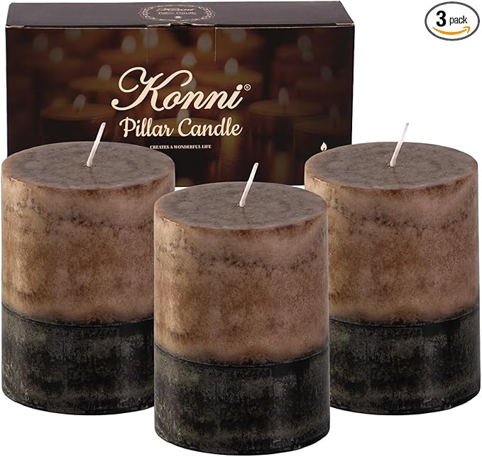 KONNI Coffee Layered Pillar Candles Set of 3, 3"x 4" Unscented Pillar Candles Bulk, 39 Hours Long Burning Candles, Smokeless&Dripless Round Candle for Wedding, Home Decoration, Parties, Spas, Dinner