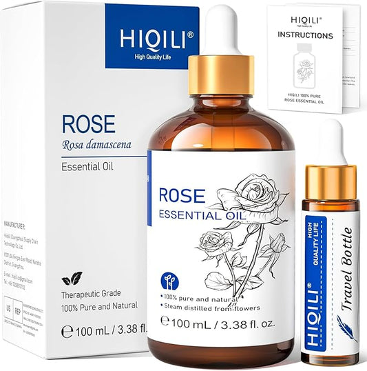 HIQILI 100ML Rose Essential Oil for Skin, Diffuser & Candle, 100% Pure and Natural - 3.38 Fl Oz