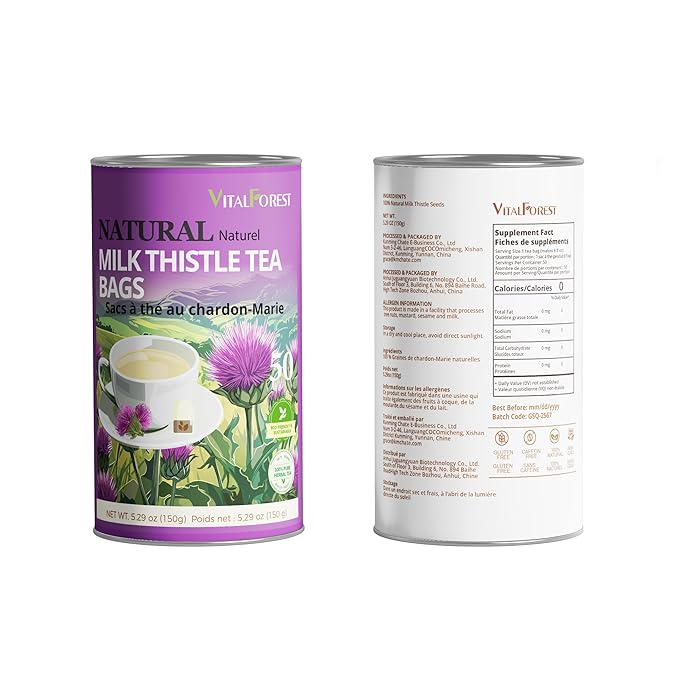 50 Milk Thistle Tea Bags, 3g/Bags, VitalForest Roasted Milk Thistle Seeds Herb Tea, Natural Dried Thistle Tea for Liver Detox Cleanse and Support, Caffeine Free, Non-GMO
