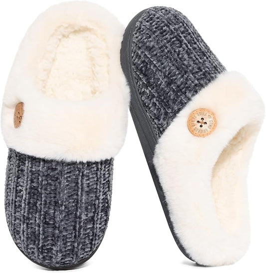 Evshine Warm Knit House Slippers for Women Comfy Wool-Like Lined Chenille Slippers with Memory Foam and Indoor Outdoor Soles