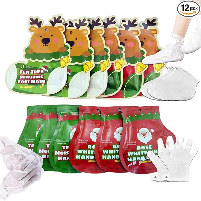 Foot Mask Hand Mask Christmas Gifts Hydrating Moisturizing 12 Packs Gloves & Socks Intensive Repairing Masks Peeling Mask for Women Dry Cracked Set Coconut Oil Tea Tree Extract Elitzia ETXJ2409