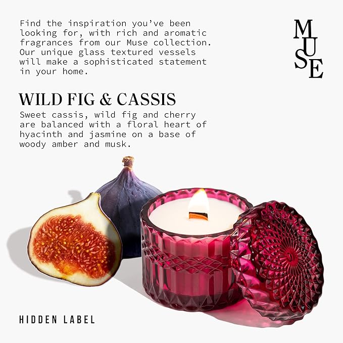 Hidden Label Wild Fig & Cassis Scented Soy Candles, Crackling Wood Wick, Muse Collection 7.4oz Glass Jar Decorative Candles, Gifts for Women