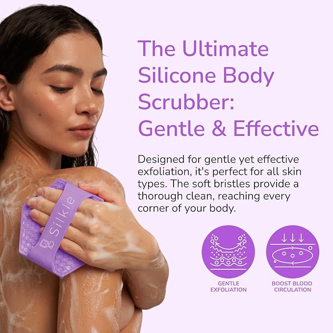 Silicone Body Scrubber - Exfoliating Bath Brush and Skin Cleanser - Shower Sponge for Gentle Body Scrub and Wash - Silicone Scrubbing Care Tool for a Refreshed and Renewed You - Purple