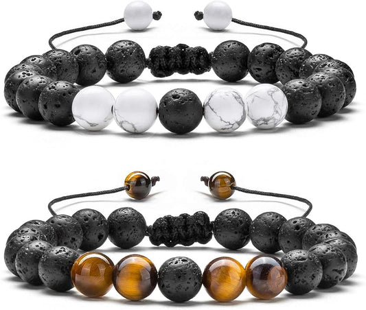 Hamoery Men Women 8mm Lava Rock Aromatherapy Anxiety Essential Oil Diffuser Bracelet Braided Rope Natural Stone Yoga Gifts Beads Bracelet Bangle-21017