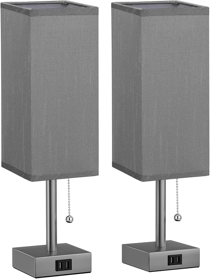 Fenmzee Grey Bedside Table Lamps for Bedroom Set of 2 - Small Rectangular Nightstand Lamp with AC Outlet Charging Port, 3 Color Temperatures Light, Tabletop Reading Lamp for Living Room/Dorm/Office