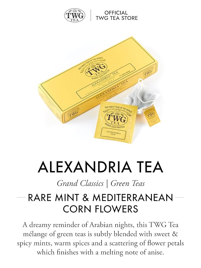 TWG Tea | Alexandria Tea | Green Tea | Mint & Corn Flowers | 15 Hand Sewn Cotton Teabags | Gift Set