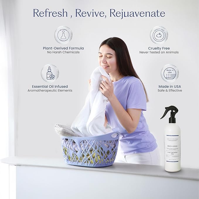 FIELD FLEUR Beachwood Linen & Room Spray 15.5 oz - Aromatic & Refreshing Bedding & Fabric Mist - Air Freshener for Clothes & Sofas - Notes of Peach, Orange Blossom, Moss & Sandalwood -Made in USA