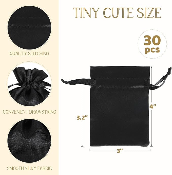 Black Small Satin Gift Bags, 30Pcs 3x4 with Drawstring, For Kids Classroom, Wedding, Birthday, or Halloween Party Favors, Jewelry, Bracelets, Earrings, Crystal, for Small Business