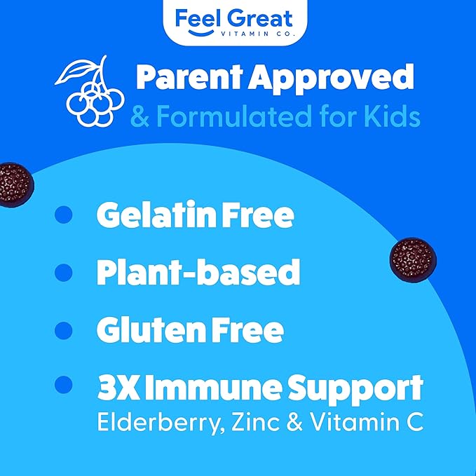 Feel Great Immune Support for Kids | Vitamin C Zinc & Elderberry Gummies | Sambucus Nigra Immunity Multivitamin | Vegetarian | 60 Day Supply