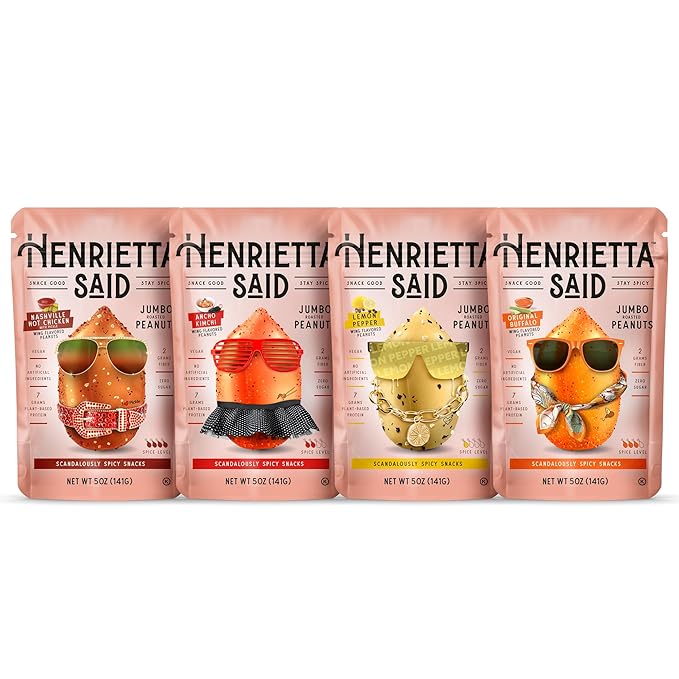 Henrietta Said Wing-Flavored Peanuts - Variety Pack - Truly Good Foods Shelled Snacking Nuts - Bold Flavors - Savory & Spicy - Jumbo Flavored Peanuts - Protein Packed Vegan Snack - 4 (5-oz) Packs