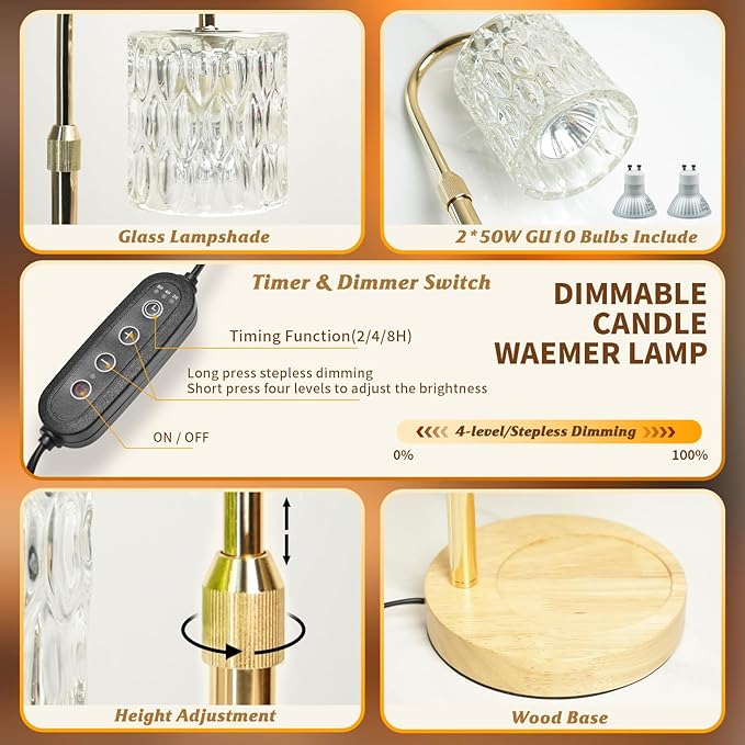 Candle Warmer Lamp with Timer and Dimmable, Electric Wax Melt Candle Warmers Height Adjustable with 2 Bulbs, Birthday Gifts for Women House Warming, Home Decor for Scented Jar Candles(Clear)