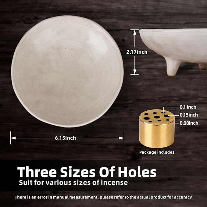 Incense Holder, Ceramic Burner Bowl with 9-Hole Insert, Tripod Design & Ash Catcher, for Sticks, Cones, Sage & Palo Santo – Handmade, Heat-Resistant & Easy to Clean, 6.15-Inch (White)