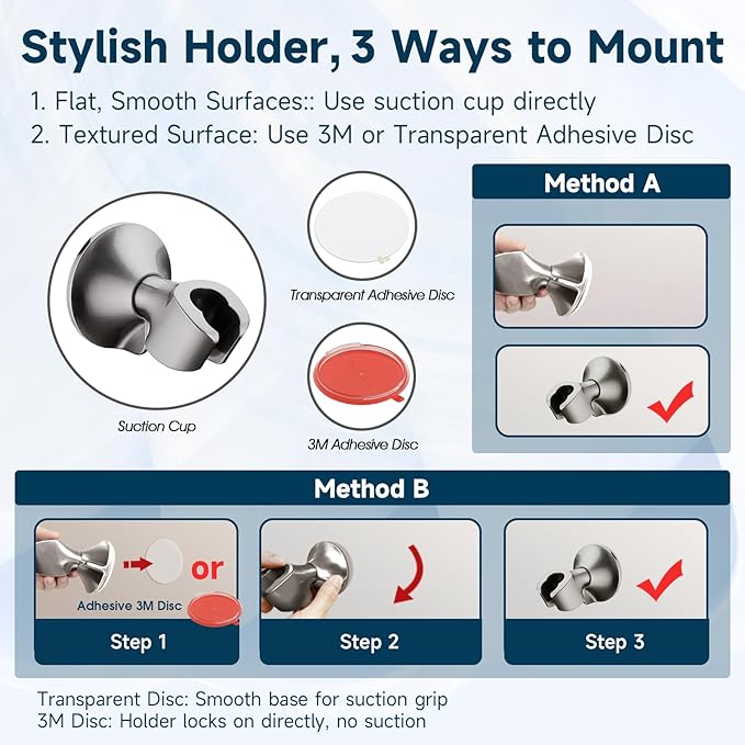 BRIGHT SHOWERS Handheld Shower Head Holder with Dual Angle Positions, Wall Suction Bracket Includes Adhesive 3M Disc, No Tools Required and Easy Installation, Brushed Nickel Finish