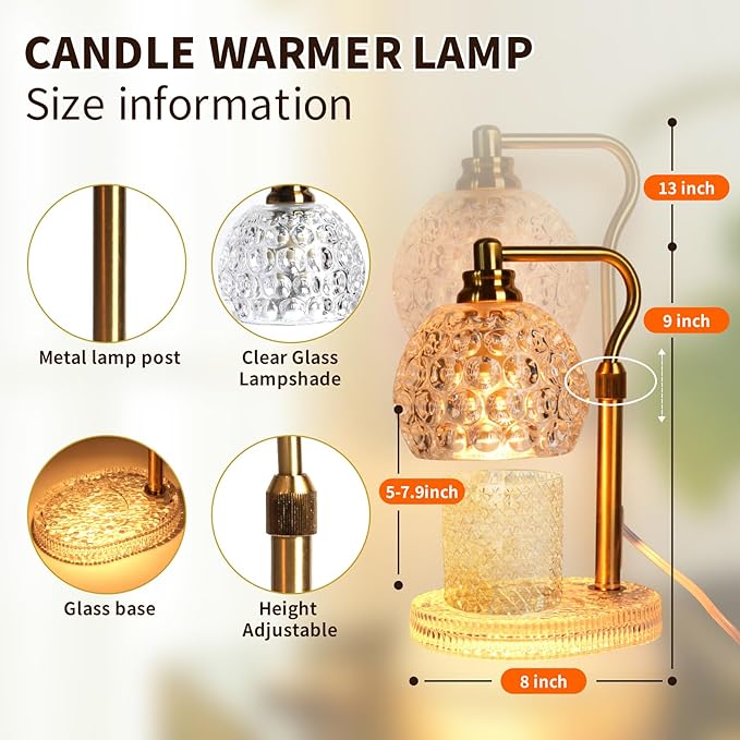 Candle Warmer Lamp with Timer: Adjustable Height and 4 Dimmer, Crystal Glass Base, Heater Wax Warmer for Jar Scented, Home Décor and Housewarming & Birthday Gift for Mom Woman, 2 Bulbs (White Round)