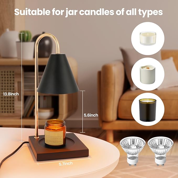 Dimmable Candle Warmer with Timer - Black Nightstand Lamp for Bedroom (2 Wax Warmer Bulbs)