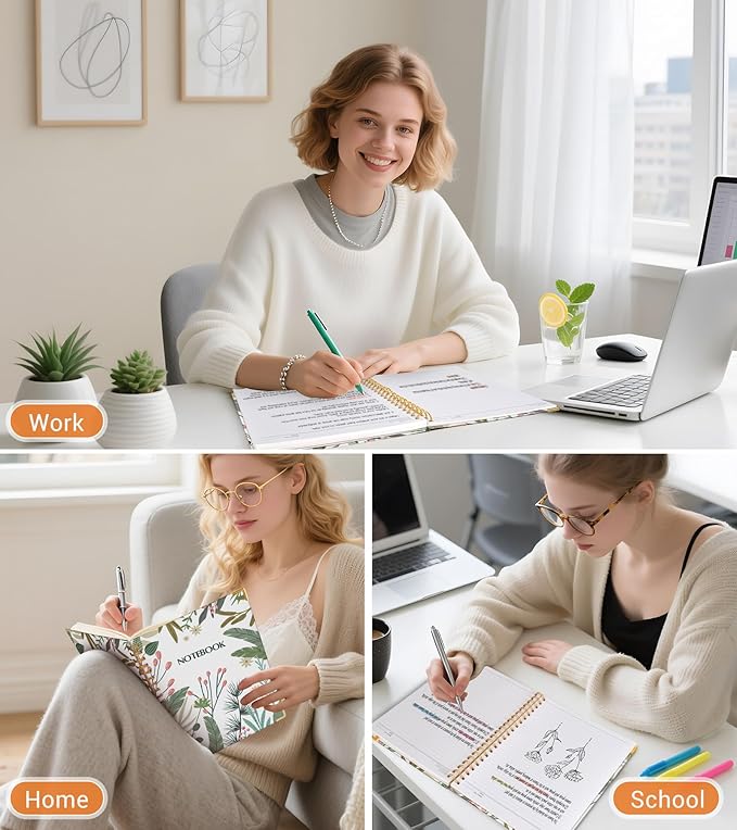 Lined Spiral Notebook Journal for Women, 200 Pages Aesthetic Notebooks 8.5” x 11”, A4 Large Hardcover Spiral Journals with 100 GSM Thick Paper, Cute College Ruled Notebook for Writing Work School, Colorful Botanicals