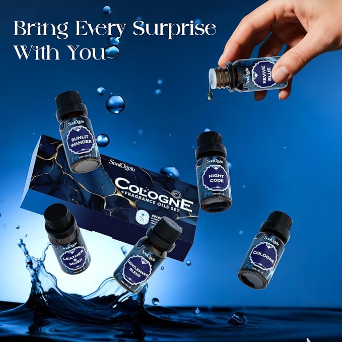Cologne Fragrance Oils Set, Essential Oil for Diffuser, Men Scent Diffuser Oil, Use for Soap Candle Making, Cologne, Leather&Musk, Revive Blue, Sunlit Wander, Gentleman's Blend, Night Code