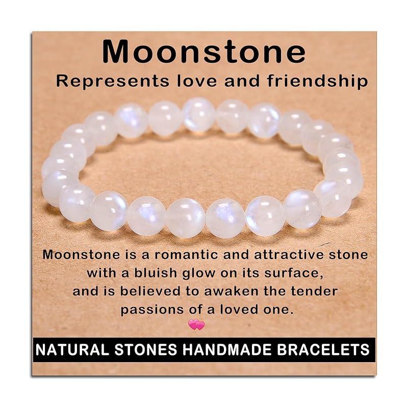 AD Beads Handmade Gemstone Stretch Elastic Bracelet Crystal Healing Reiki Nature's Beauty and Spiritual Essence Unisex (8mm, Moonstone (love and friendship))