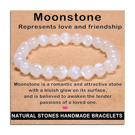 AD Beads Handmade Gemstone Stretch Elastic Bracelet Crystal Healing Reiki Nature's Beauty and Spiritual Essence Unisex (8mm, Moonstone (love and friendship))