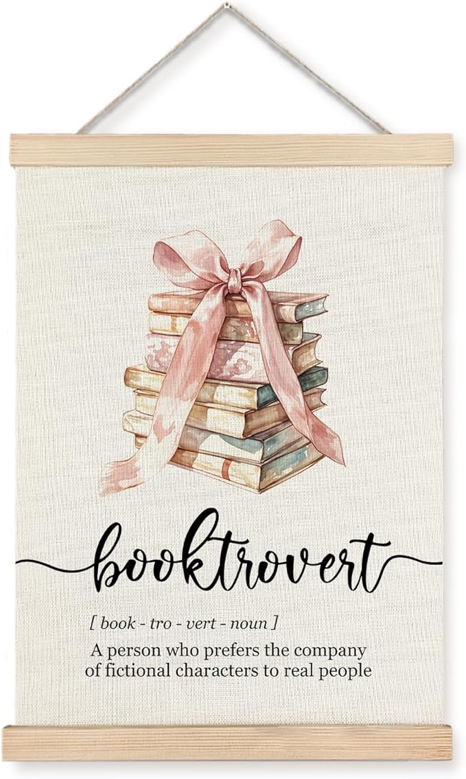 Exqcom Funny Booktrovert Book Lover Wall Art Poster, Reading Nook Room Decor, Book Club Decorations, Preppy Pink Bow Bookish Posters for Reading Room Corner Library Classroom, 12x16 Inches
