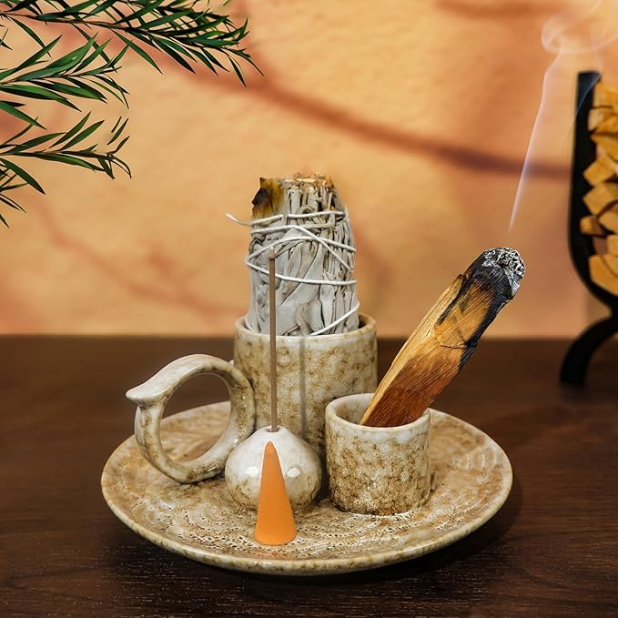 5.1Inch 5-in-1 Ceramic Smudge Bowl Brown - Incense Stick Holder, Small Candle Holder, Smudge Bowl/Dish, Fits Palo Santo, Sage.Zen Altar for Meditation/Yoga, Aromatic Scents, Easy to Clean