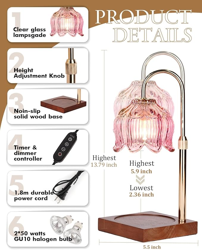 Candle Warmer Lamp with Timer Dimmable, Height Adjustable Birthday Gifts for Women Mom House Warming, Home Decor, Lotus Flower Candle Lamp Warmer 2 Bulbs Inc (Pink)