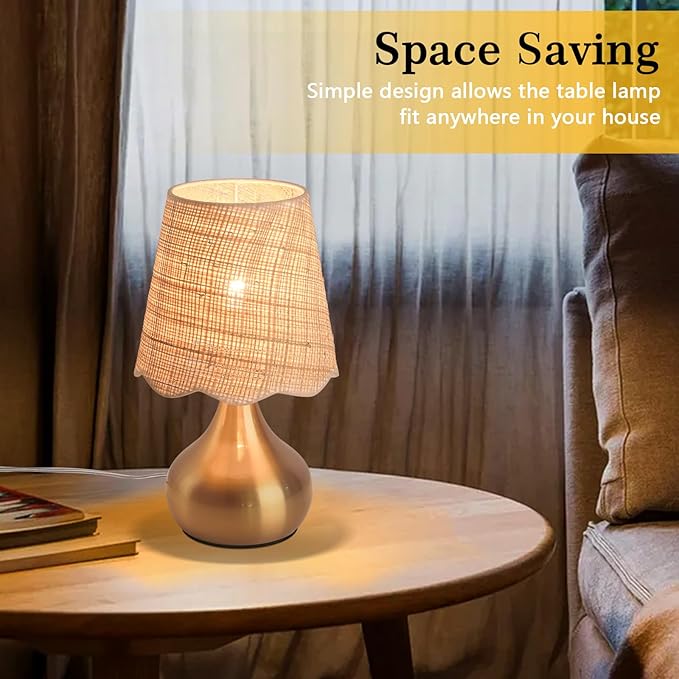 Gold Small Bedside Table Lamp Touche Control 3-Way Dimmable Brass Mini Table Lamps for Nightstand, Rattan Shade Small Table Lamps for Small Spaces for Kitchen Counter, Bookshelf, Bedroom