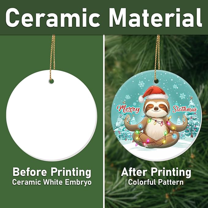 34HD 2.9" Ceramic Hanging Ornament for Christmas Tree, Lightweight Both Sides Printed Flat Ornament, Christmas Decoration, Sloth