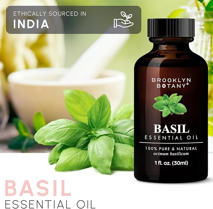 Brooklyn Botany Basil Essential Oil - 100% Pure and Natural - Premium Grade Oil with Dropper - for Aromatherapy and Diffuser - 1 Fl Oz