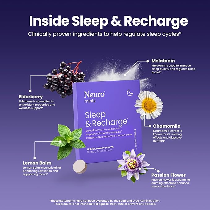 NeuroGum Sleep & Recharge Meltaway Mints | 1mg Melatonin + Chamomile + Elderberry + Lemon Balm + Passion Flower | Natural Sugar Free Rest & Relaxation Supplement (Mixed Berry, 72 Pieces)
