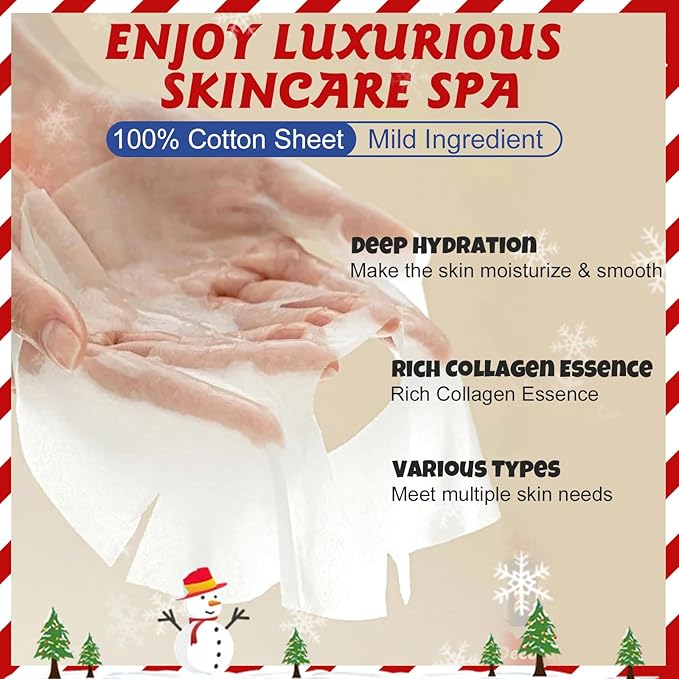 48 Pack Christmas Facial Masks for Stocking Stuffers, Bulk Moisturizing Facial Masks Set for Women Skin Care, Sheet Face Masks Skincare, Cute Christmas Gifts for Women