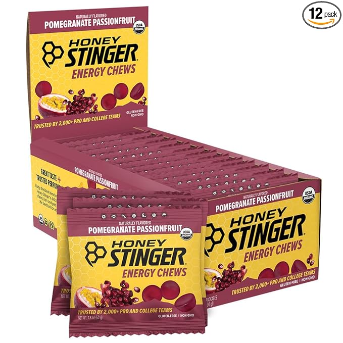 Honey Stinger Organic Pomegranate Passionfruit Energy Chew, Gluten Free & Caffeine Free, for Exercise, Running and Performance, Sports Nutrition for Home & Gym, Pre and Mid Workout, 12 Pack