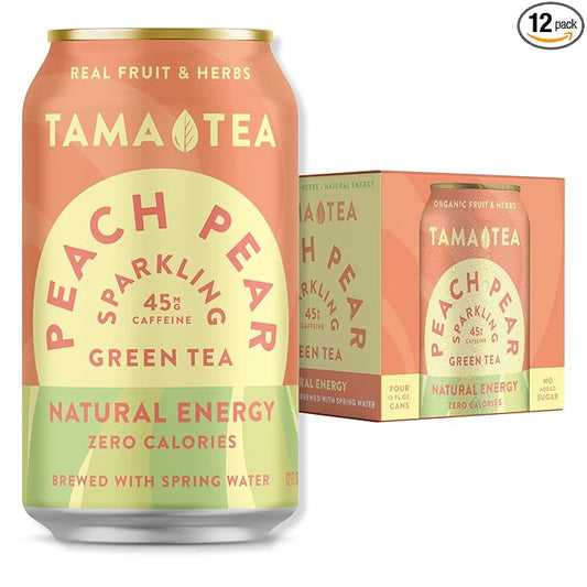 Tama Tea Sugar-Free Sparkling Green Tea, Peach Pear – Organic & Naturally Energizing – Zero Calories, Zero Carbs, Non-GMO – Antioxidant-Rich with 45mg Natural Caffeine – 12 oz Cans (12-Pack)