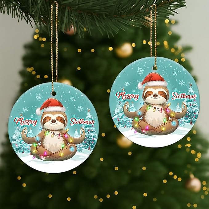 34HD 2.9" Ceramic Hanging Ornament for Christmas Tree, Lightweight Both Sides Printed Flat Ornament, Christmas Decoration, Sloth