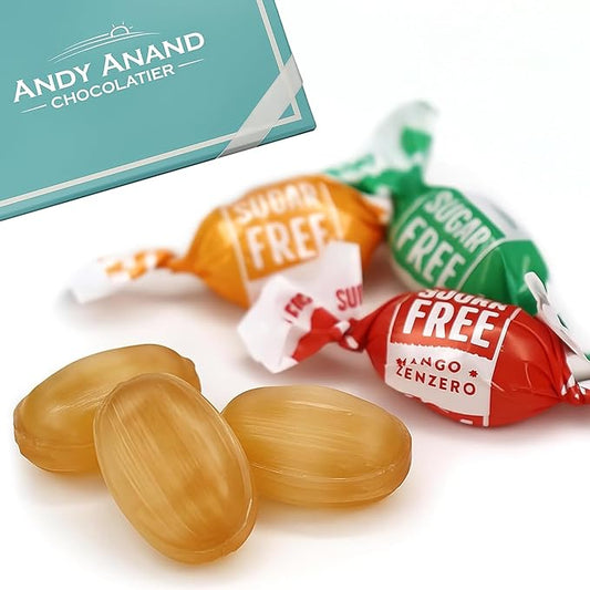 Andy Anand Chocolatier Sugar Free Ginger Candy - Gluten Free Made in Italy Hard Candy, Individually Wrapped Sweetened With Natural Stevia With Mango, Orange & Lemon Assorted Flavors ((55 Pcs, 7 Oz)