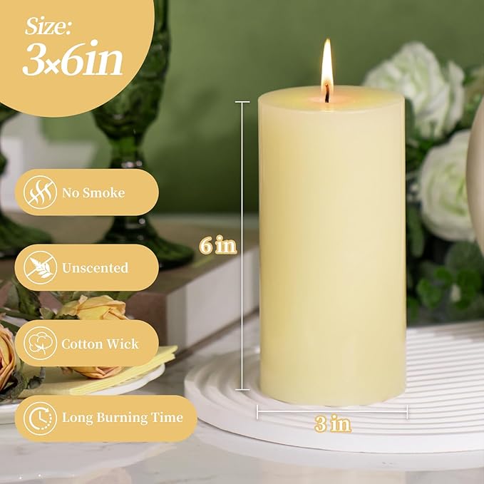 KONNI Ivory Pillar Candles Set of 3, 3"x 6" Unscented Pillar Candles Bulk, 56 Hours Long Burning Candles, Smokeless&Dripless Large Round Candle for Wedding, Home Decoration, Parties, Spas, Dinner