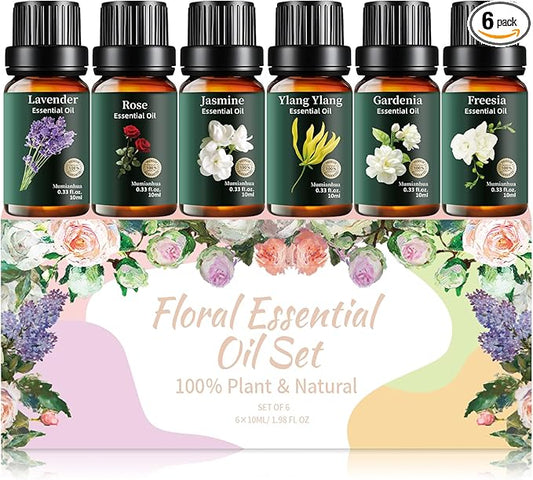 Floral Essential Oils Set Pure, Mumianhua Lavender, Rose, Jasmine, Ylang Ylang, Gardenia, Freesia - Natural Women's Classic Aromatherapy Gift Set for Diffuser, Humidifier, Candle & Soap Making 6x10ml