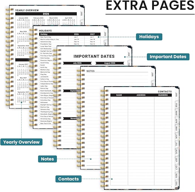 2026 Planner, Monthly and Weekly Calendar Planner for Women, January 2026 - December 2026, Hardcover Pretty 2026 Agenda Planner Book with Tabs, Spiral Bound, Perfect for School Office Home Supplies, 8.5" x 11" - Royal Flowers