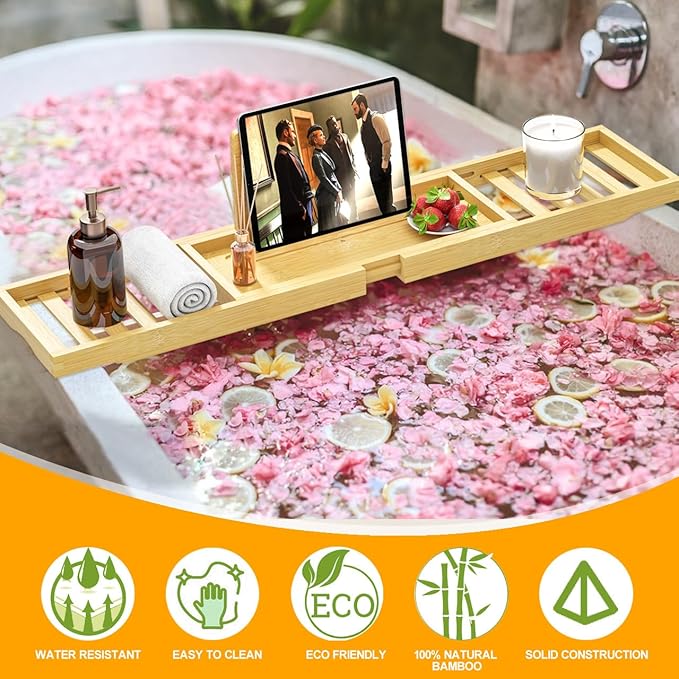 Bathtub Tray - Bath Tray Expandable - Bath Table Trays for Bathtub/Tub,Premium Bamboo Wooden, Fits Most Bath Tubs
