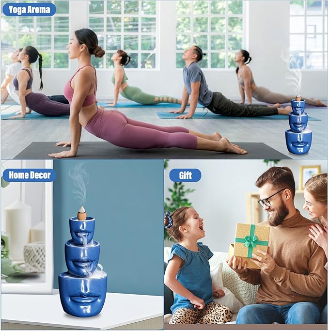 Comeon Backflow Incense Burner Holder, Face Handicraft Decor, Resin Reverse Flow Incense Burner Censer Cone + 20 Backflow Incense Cones 30 Incense Sticks 1 Tweezer 1 Mat (Matte Blue)