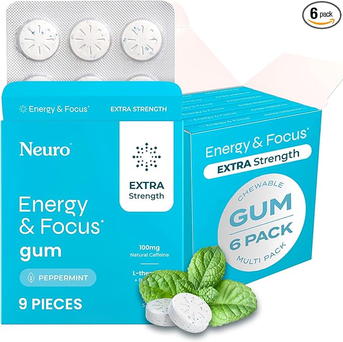 NeuroGum Extra Strength Energy & Focus Gum (Peppermint, 54 Pieces) | 100mg Natural Caffeine + L-Theanine + Vitamin B12 & B6 + Xylitol | Sugar Free Nootropic Cognitive Brain Performance Supplement