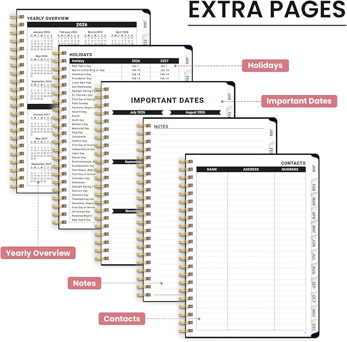 2026 Planner, Monthly and Weekly Calendar Planner for Women, January 2026 - December 2026, Hardcover Pretty 2026 Agenda Planner Book with Tabs, Spiral Bound, Perfect for School Office Home Supplies, 6.3" x 8.5" - Garden of Whimsy